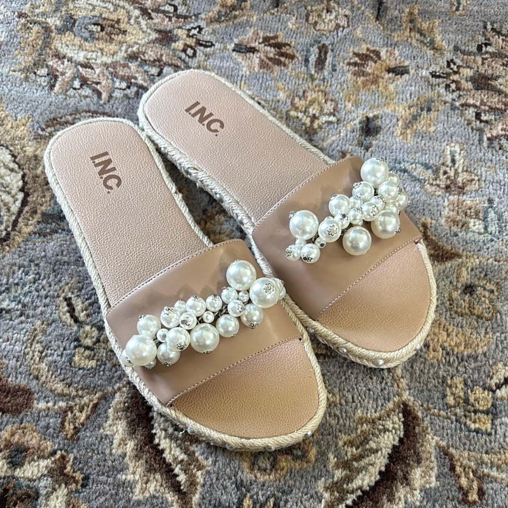 INC International Concepts Tan Pearl Embellished Slide Sandals